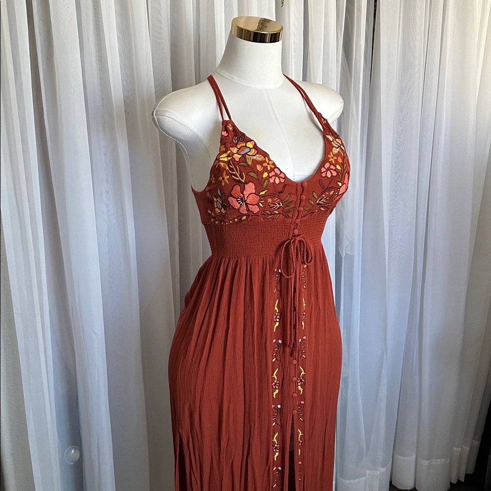 Rust Boho Embroidered Halter Maxi Dress - Picture 3 of 6